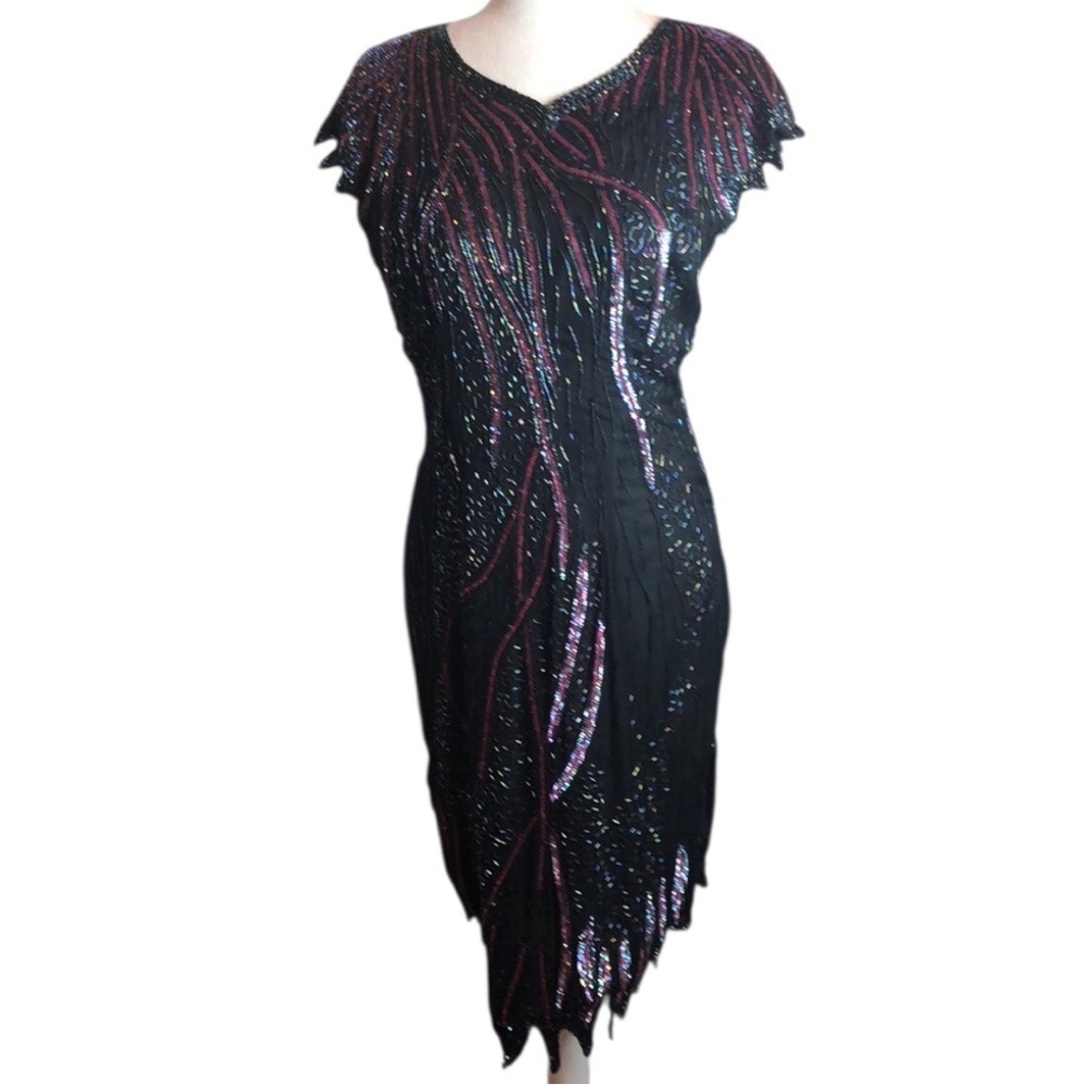 Gorgeous Vintage Silk Beaded Black Cocktail Sheath Dress Women’s Medium